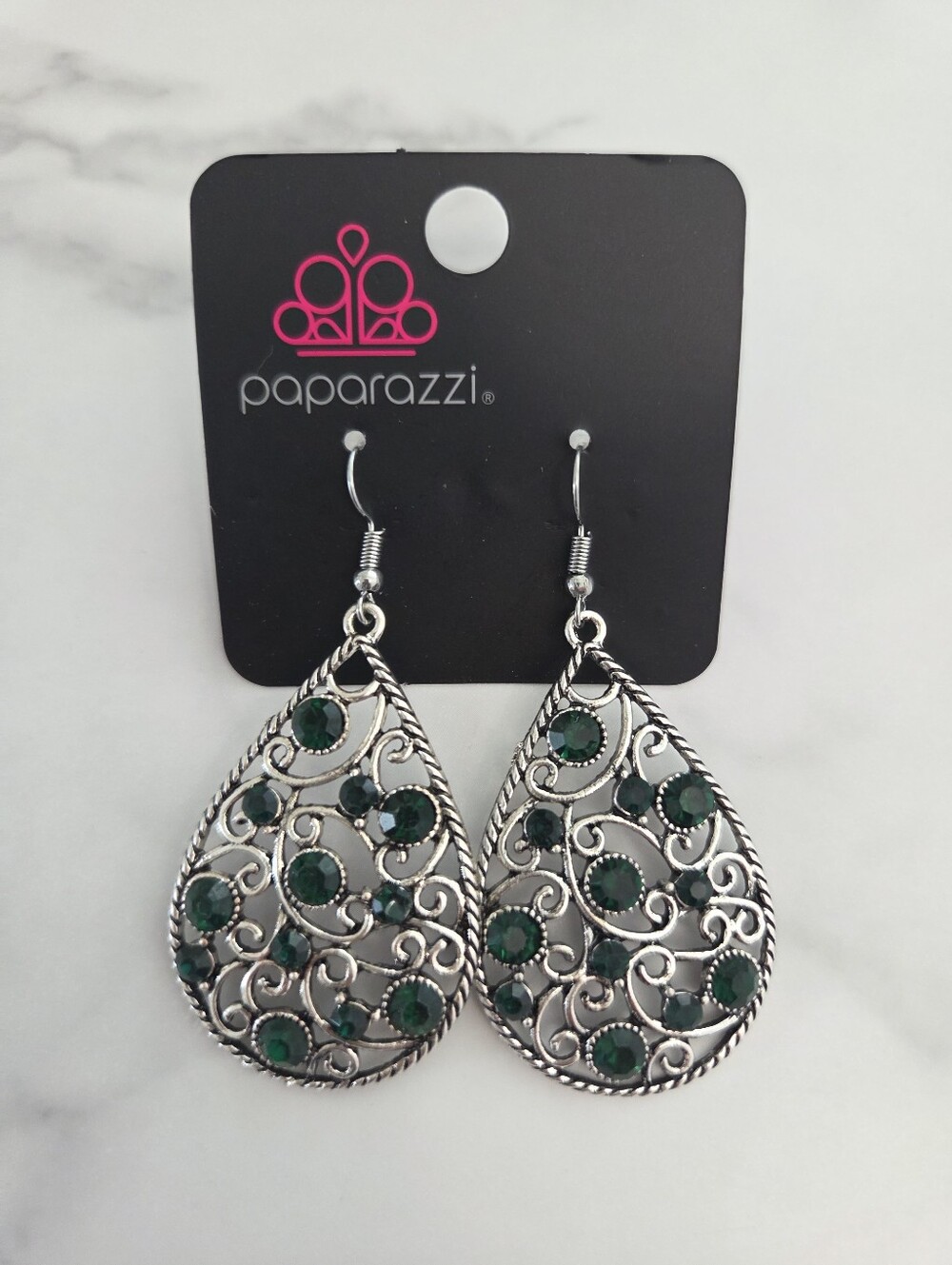 Paparazzi Silver Filigree Teardrop Earrings with Emerald Rhinestones - Picture 3 of 12